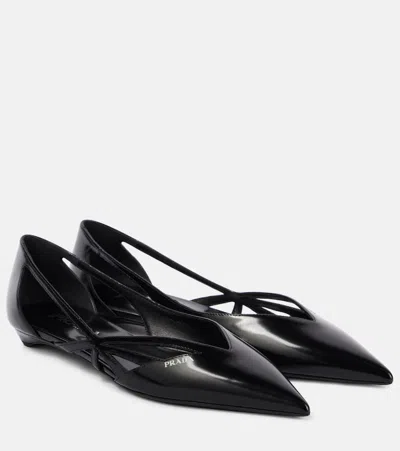 Prada Leather Crisscross Buckle Ballerina Flats In Black