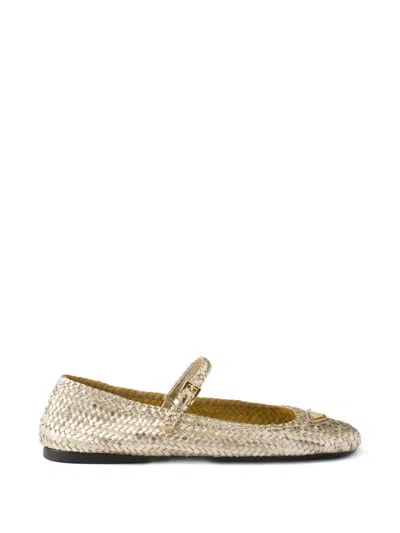 Prada Leather Ballet Flats In Gold