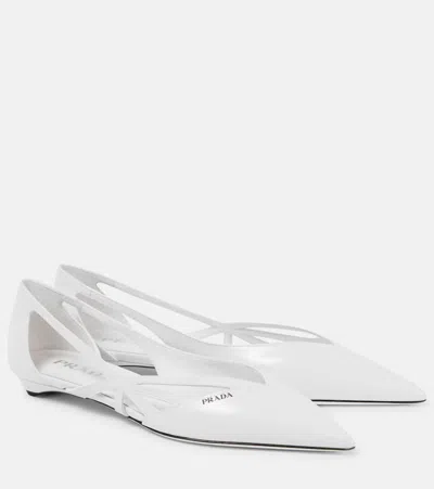 Prada Leather Crisscross Cutout Ballerina Flats In Bianco