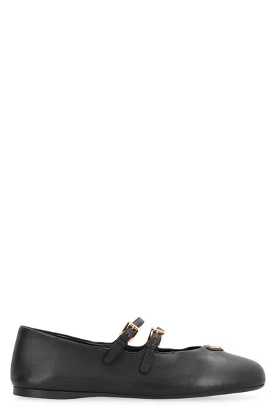 Prada Leather Ballet Flats With Logo In Black