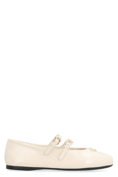 Prada Leather Ballet Flats With Logo In Beige
