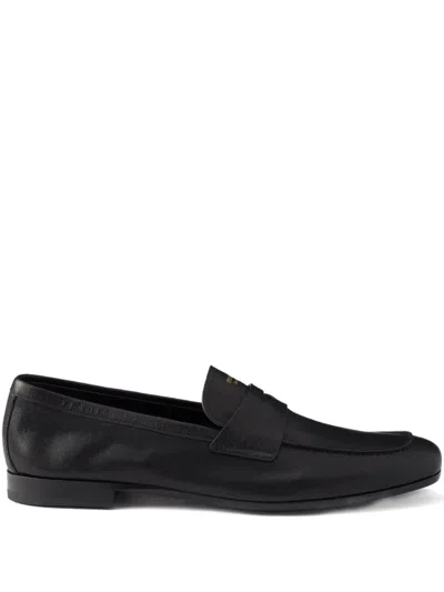 Prada Leather Band Logo Loafers In Black