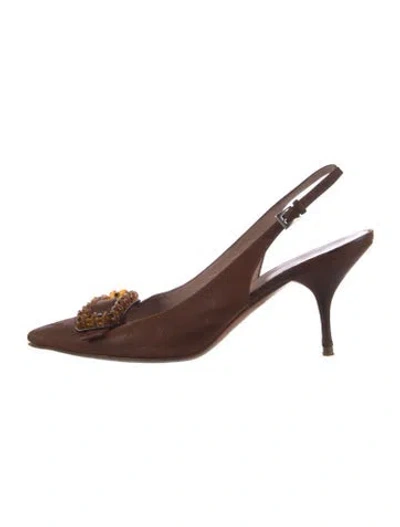 Pre-owned Prada Leather Beaded Accents Slingback Pumps In Brown