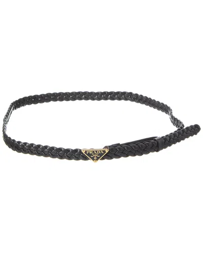 Prada Logo Plaque Braided Belt In Black