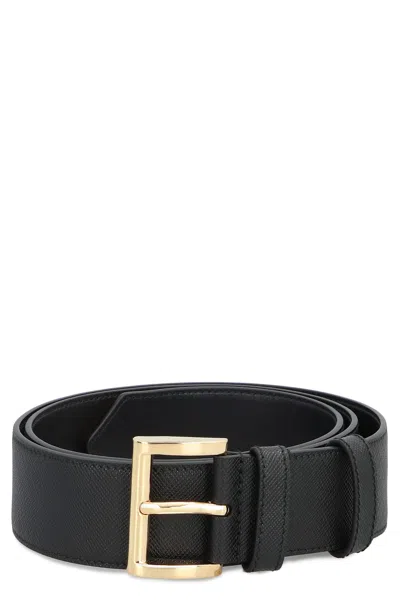 Prada Leather Belt With Logo Plate In Black