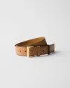 Prada Saffiano Leather Belt With Enameled Triangle Logo Accessories In Caramel