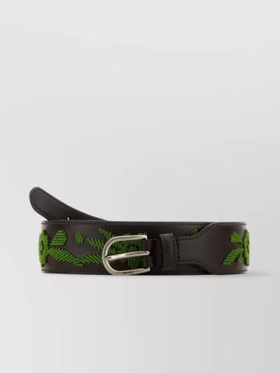 Prada Leather Belt With Adjustable Length And Embroidered Design In Black