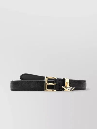 Prada Leather Belt With Adjustable Length And Gold-tone Buckle In Black