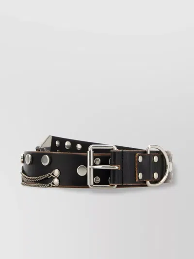 Prada Leather Belt With Studded Design And Chain Detail In Black