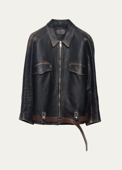 Prada Leather Belted Jacket In F0002 Nero
