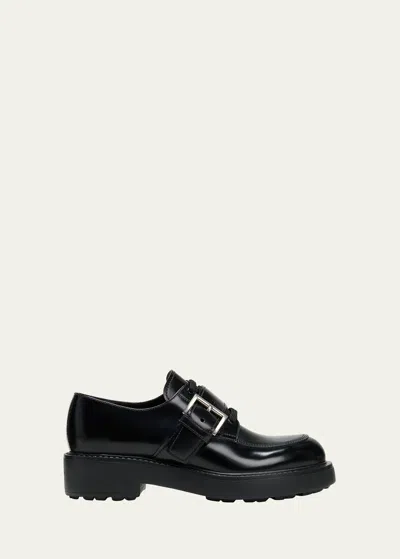 Prada Leather Belted Lace-up Loafers In Nero