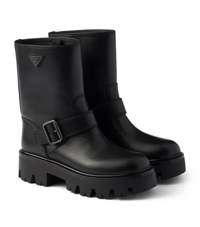 Prada Leather Biker Boots In Black