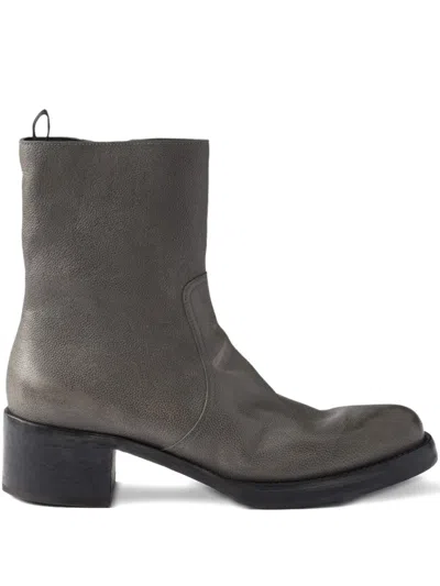 Prada Leather Biker Boots In Gray