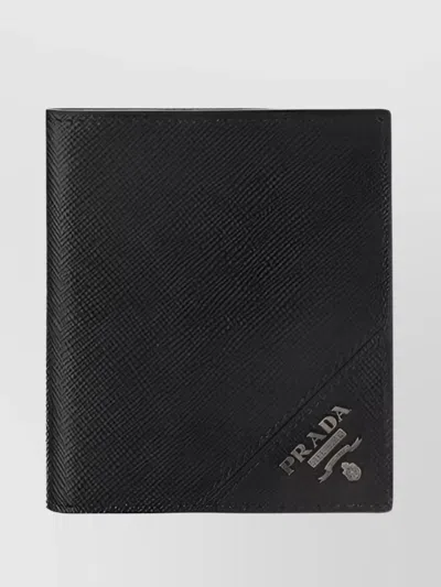 Prada Leather Billfold Wallet Logo Plate In Black