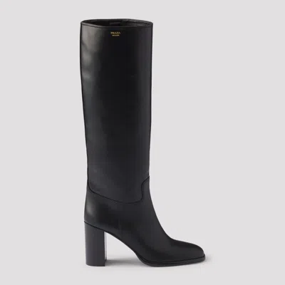 Prada Leather Block Heel Boots In Black