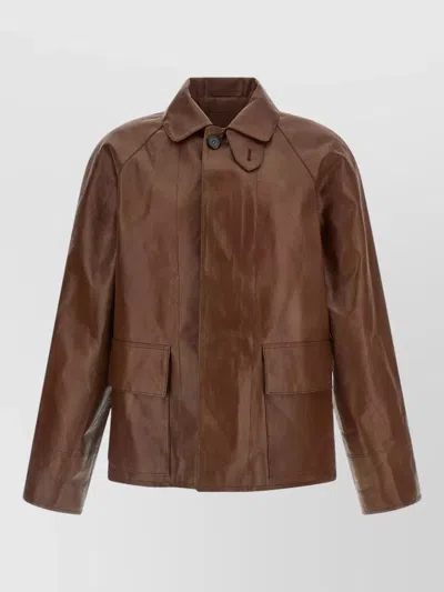 Prada Leather Blouson Shirt Collar Chinstrap Detail In Brown