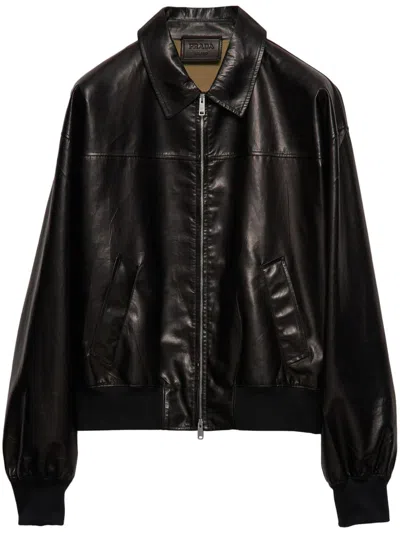 Prada Leather Bomber Jacket In Black+sand