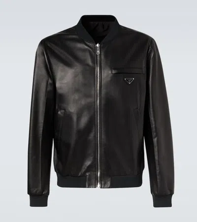 Prada Leather Bomber Jacket In Black