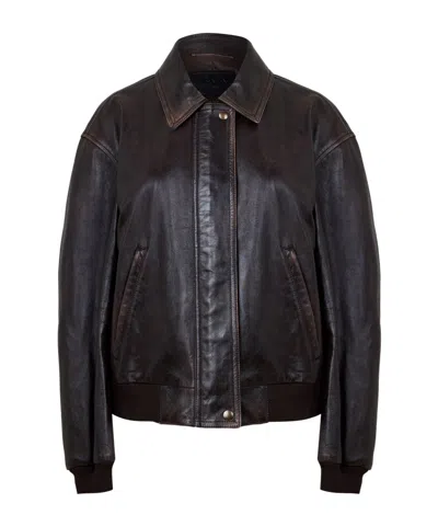 Prada Leather Bomber Jacket In Black
