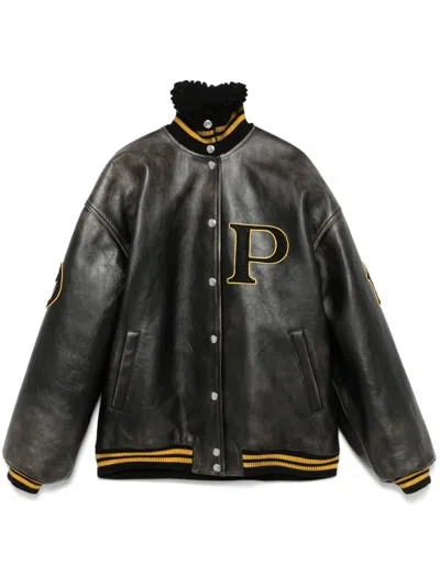 Prada Leather Jacket With Embroidered Patches And High Collar In Black