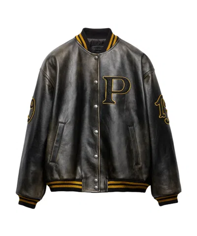 PRADA LEATHER BOMBER JACKET WITH PATCH