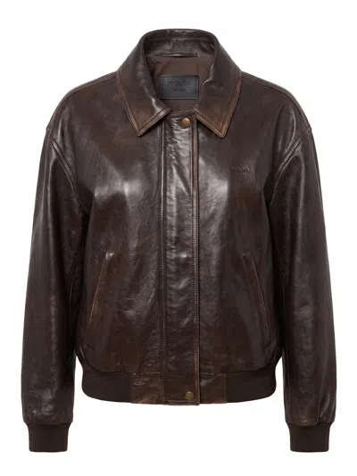 Prada Leather Bomber Jacket In Brown