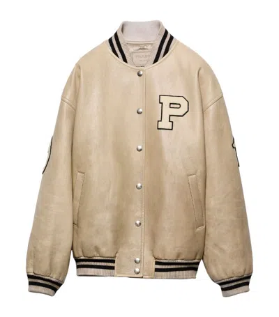 Prada Padded Leather Varsity Jacket In Neutral