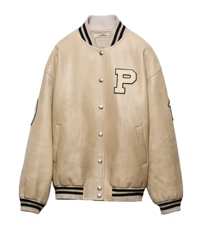 Prada Padded Leather Varsity Jacket In Neutral