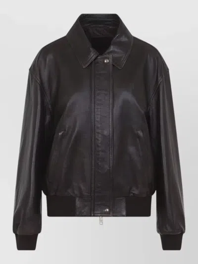 Prada Leather Bomber Jacket Relaxed Fit Ribbed Trims In Multi