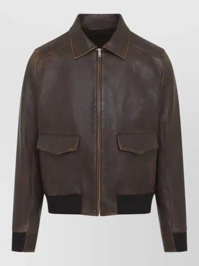 Prada Collared Long-sleeved Leather Jacket In Multi
