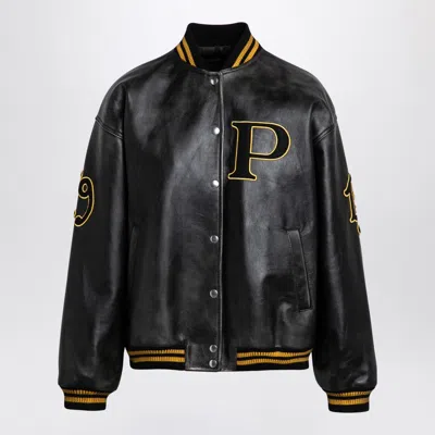 PRADA PRADA LEATHER BOMBER VINTAGE BLACK WITH PATCH