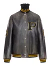 Prada Leather Jacket With Embroidered Patches And High Collar In Black