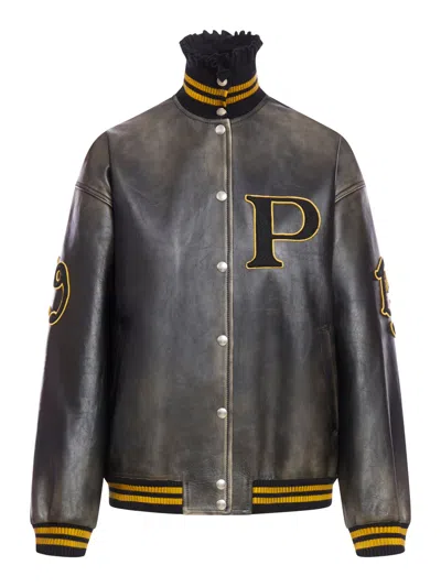 PRADA LEATHER BOMBER WITH PATCH