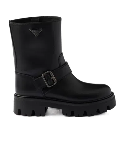 PRADA PRADA TRIANGLE-LOGO ROUND-TOE BOOTS
