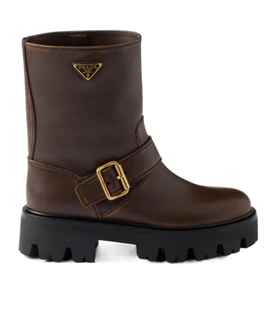 PRADA PRADA LOGO PLAQUE BUCKLED BOOTS