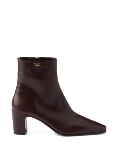 Prada Leather Booties In Brown