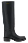 Prada Knee-high Leather Block Heel Boots In Black