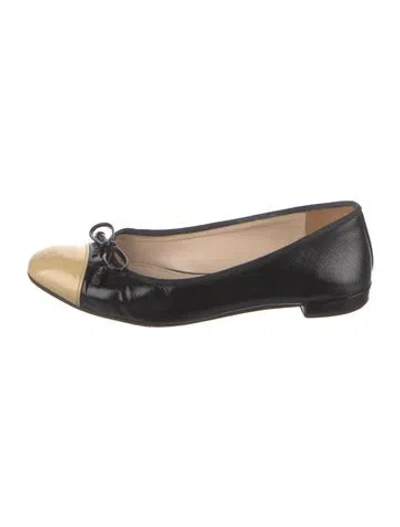 Pre-owned Prada Leather Bow Accents Ballet Flats In Black