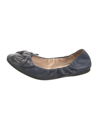 Pre-owned Prada Leather Bow Accents Ballet Flats In Blue