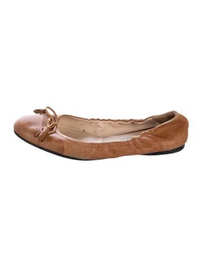 Pre-owned Prada Leather Bow Accents Ballet Flats In Brown