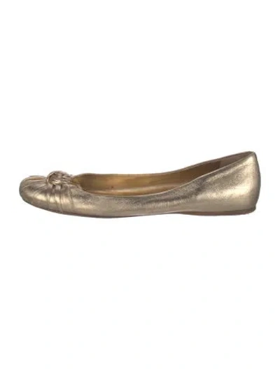 Pre-owned Prada Leather Bow Accents Ballet Flats In Gold/metallic