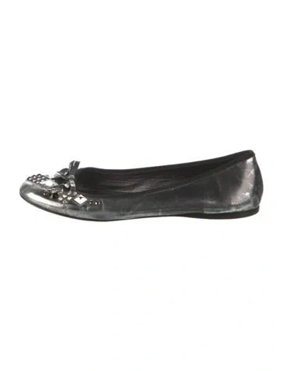 Pre-owned Prada Leather Bow Accents Ballet Flats In Silver