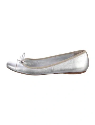 Pre-owned Prada Leather Bow Accents Ballet Flats In Silver