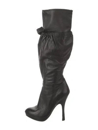 Pre-owned Prada Leather Bow Accents Boots In Black