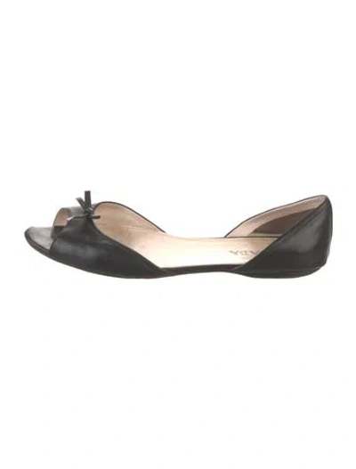 Pre-owned Prada Leather Bow Accents D'orsay Flats In Black