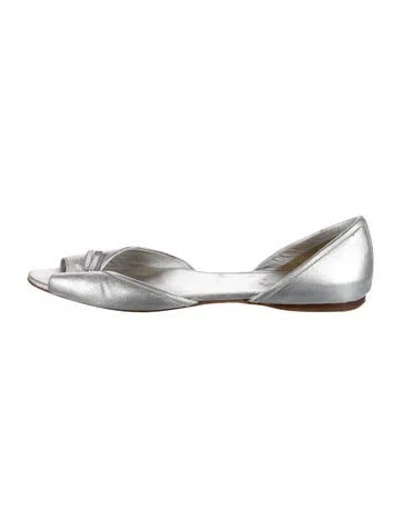 Pre-owned Prada Leather Bow Accents D'orsay Flats In Silver