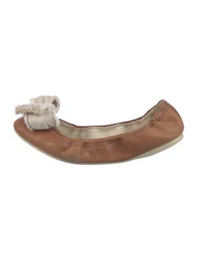 Pre-owned Prada Leather Bow Accents Flats In Brown