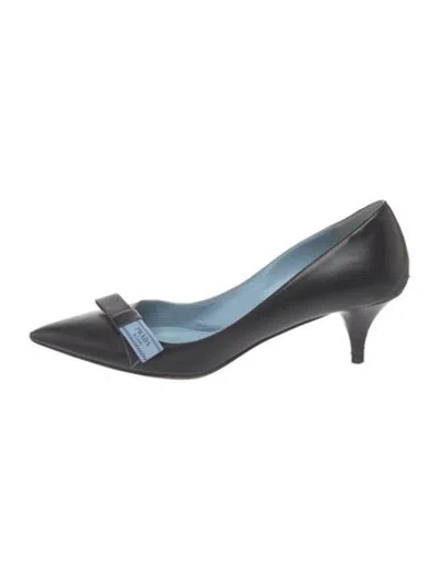 Pre-owned Prada Leather Bow Accents Pumps In Blue