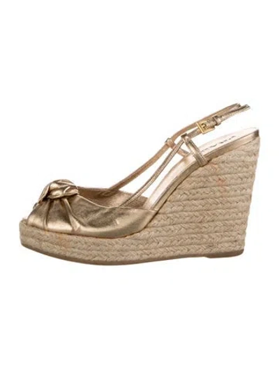 Pre-owned Prada Leather Bow Accents Slingback Pumps In Gold/metallic