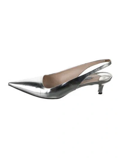 Pre-owned Prada Leather Bow Accents Slingback Pumps In Metallic/silver